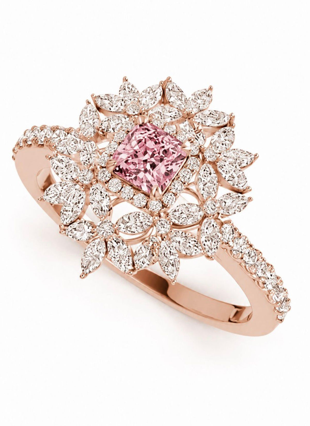 Pink diamond floral ring in rose gold